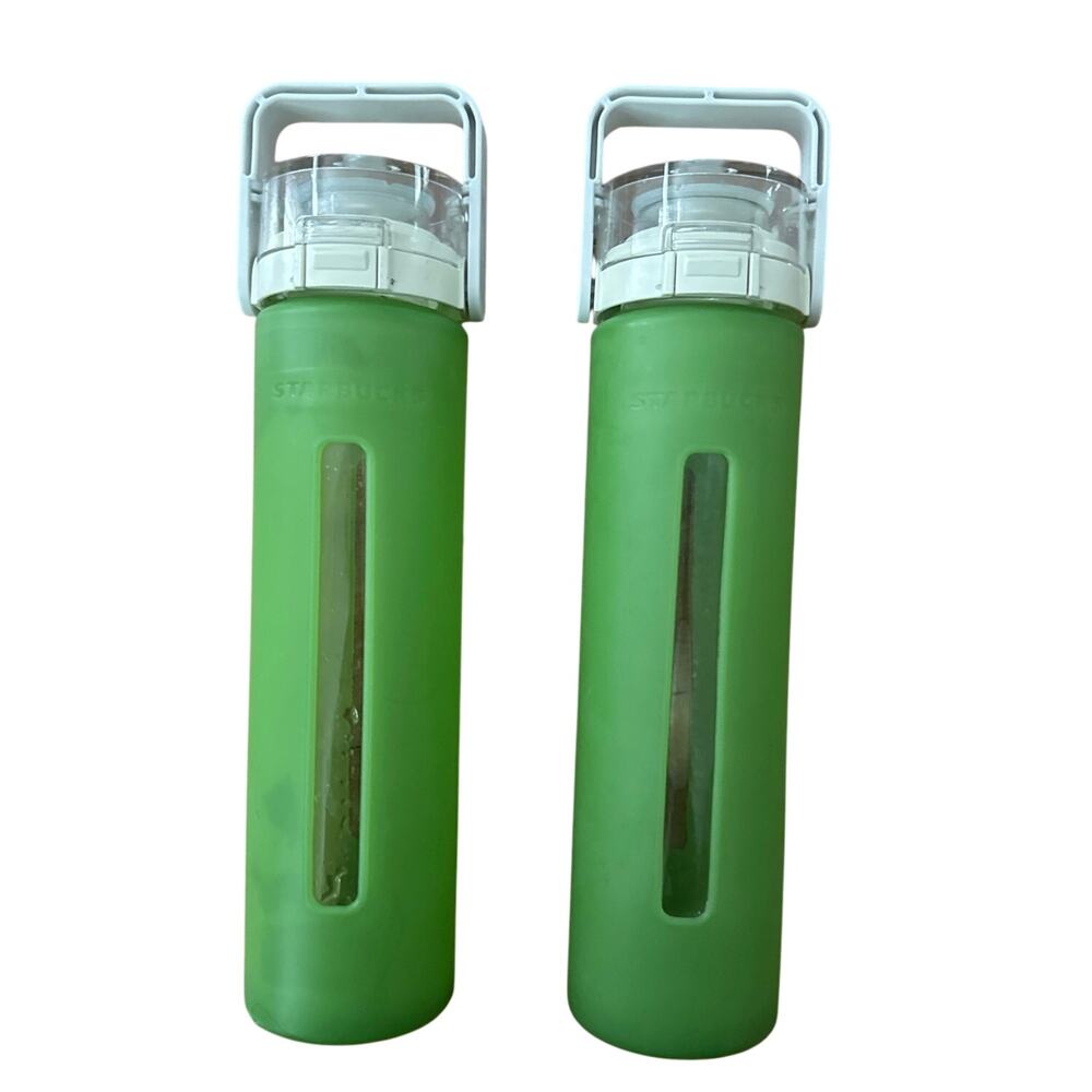 Starbucks 2010 16 Oz Glass Water Bottle Green Silicone Sleeve Flip Top Snap Lock